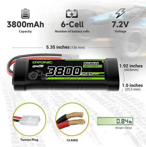 Miniatura 2 de OVONIC Batería de 7.2V NiMH 3800mAh 6 celdas RC batería con conector TMY