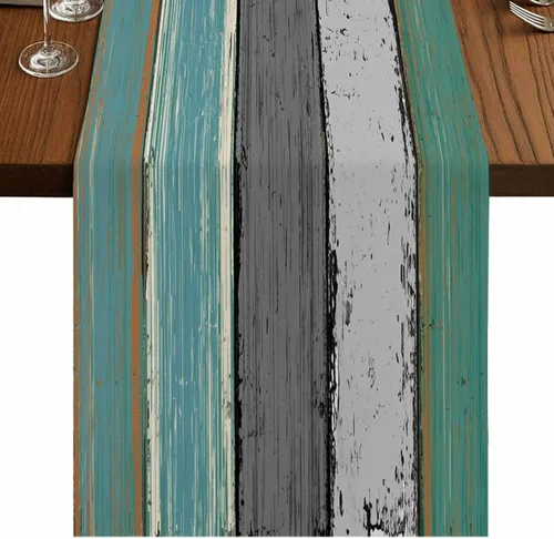 Miniatura 39 de Ocean Hues Farmhouse - Camino de mesa de lino y algodón, estilo retro, con textura de madera de granero rústica, degradado, azul, gris, Azul