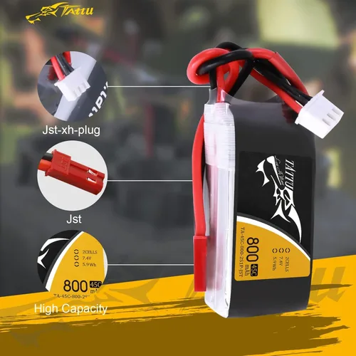 Miniatura 3 de TATTU Paquete de batería LiPo de 800mAh 7.4V 45C 2S1P con enchufe JST-SYP (2 piezas)