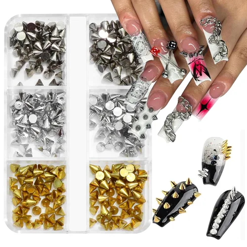 Dijes punk, remaches de metal de 6 cuadrículas, 3 colores, cono metálico, clavos de clavos acrílicos, remaches góticos para uñas, arte de uñas y