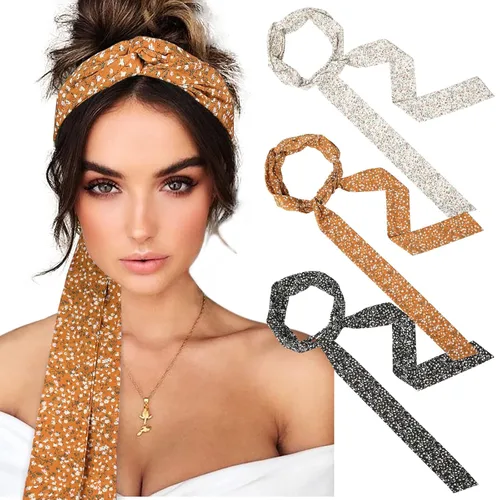 AWAYTR Diademas de gasa con trenzado largo para mujer - 3 unidades, envolturas cruzadas para cabello grueso (Negro+Beige+Jaque)