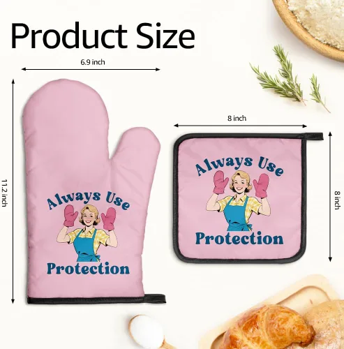 Miniatura 2 de Always Use Protection - Juego de guantes de horno y soportes para ollas, divertidos guantes de cocina retro para panaderos, regalos de inauguración
