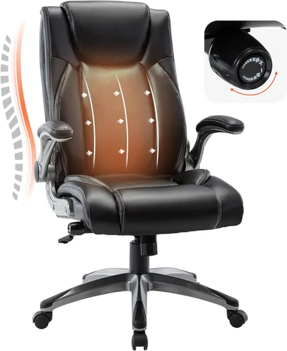 COLAMY Office Desk Chair, Ergonomic Computer Chair with Padded Flip-Up Arms and Thick Cushion, Leather Office Chair with High Back Adjustable Height