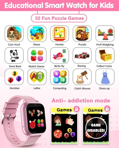 Miniatura 4 de Reloj inteligente impermeable para niños, niñas, juguetes para niñas de 6 a 8 años, reloj para niños con 32 juegos, cámara dual, pantalla táctil HD