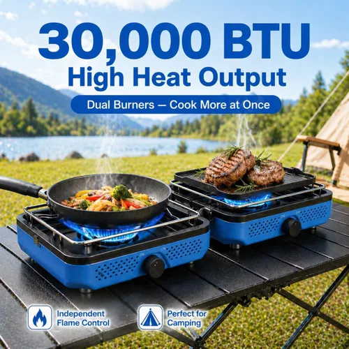 Miniatura 4 de Hisencn Estufa de campamento, estufa de campamento de propano de 2 quemadores, plancha dual, estufa de propano portátil de 30,000 BTU con bolsa
