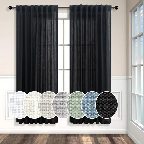 Miniatura 60 de Cortinas de lino azul de 84 pulgadas de largo para sala de estar; juego de 2 paneles con lengüeta trasera; cortinas con dobladillo para barra; Azul