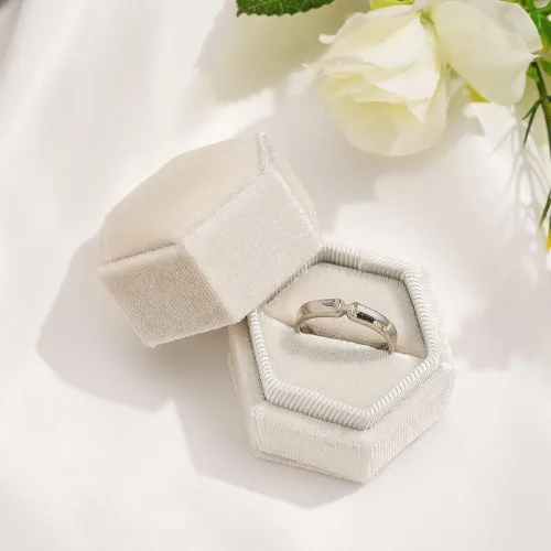 Caja hexagonal de terciopelo para anillos con doble anillo, elegante caja de almacenamiento de joyas para propuestas, compromiso, aniversario, Blanco