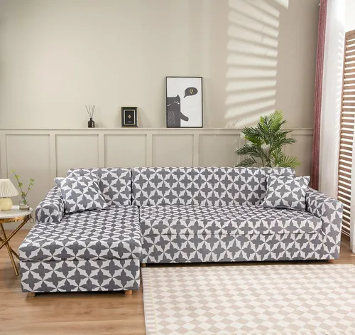 Miniatura 13 de LiveGo Funda de sofá en forma de L, 2 piezas, elástica y elástica de 3 plazas, protector de muebles con 4 fundas de almohada para sala de estar