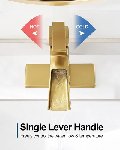 Miniatura 3 de Grifo de cascada de latón, grifo de baño dorado cepillado, mango único para un agujero o 3 agujeros de 4 pulgadas con desagüe emergente, mangueras