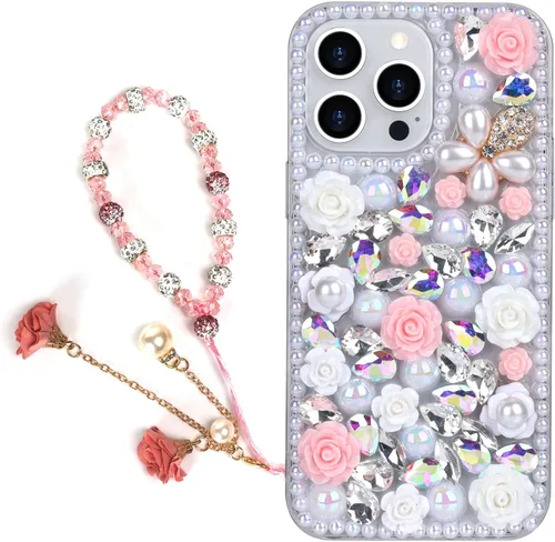 Miniatura 11 de para iPhone 14 Pro - Funda con Purpurina y Diamantes de Imitación, de Lujo, con Cristales Brillantes, Flores de Rosa, Perlas Florales, Pulseras