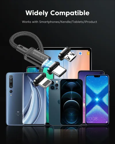 Miniatura 6 de Kuulaa Paquete de 3 cables de carga magnéticos, cable Lightning magnético, cargador de teléfono magnético de 3 A, carga rápida con puntas de carga 3