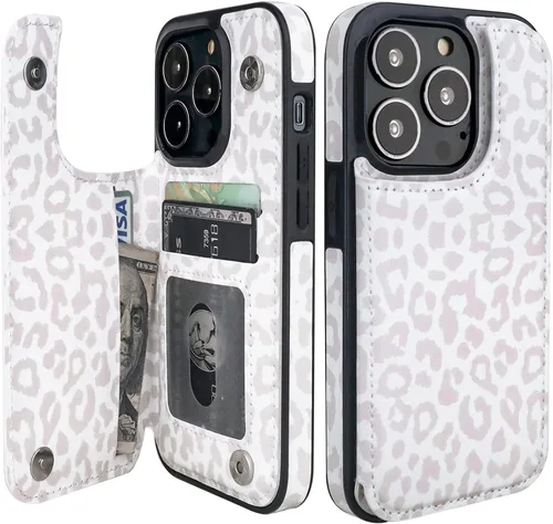 Miniatura 28 de HAOPINSH para iPhone 13 Estuche tipo cartera con tarjetero, patrón de leopardo blanco y guepardo, funda con tapa trasera para mujer y niña, ranuras