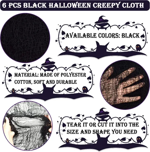 Miniatura 3 de ZeeDix Paquete de 6 paños espeluznantes negros de Halloween de 30 x 75 pulgadas, decoración de Halloween, tela de gasa espeluznante negra