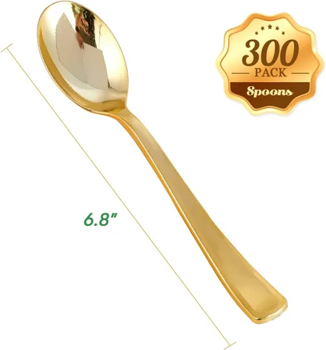 Miniatura 2 de FOCUSLINE Paquete de 300 cucharas desechables de plástico dorado de 6.8 pulgadas, cucharas de plástico sólido y duradero, cubiertos desechables