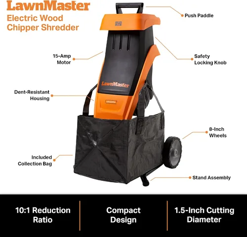 Miniatura 6 de LawnMaster FD1501 trituradora eléctrica de madera 15 amperios, diámetro de corte de 1.5 pulgadas, reducción máxima 10:1