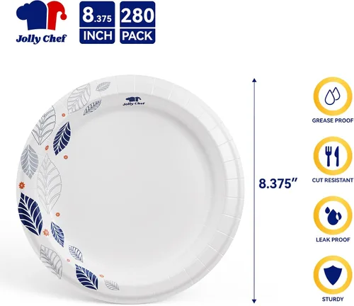 Miniatura 2 de JOLLY CHEF 280 platos de papel de 8 pulgadas, a prueba de remojo, a prueba de cortes, platos de papel desechables impresos de hojas resistentes