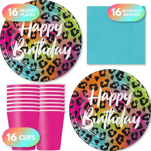 Miniatura 2 de Live It Up! Party Supplies Wild Child Happy Birthday - Platos de postre de papel con estampado de animales, servilletas y tazas de color rosa