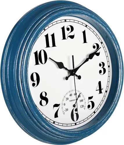 Miniatura 3 de JENLYSTIME Reloj de pared retro impermeable de 12 pulgadas para interior/exterior con termómetro, silencioso, redondo, de cuarzo, funciona con 40