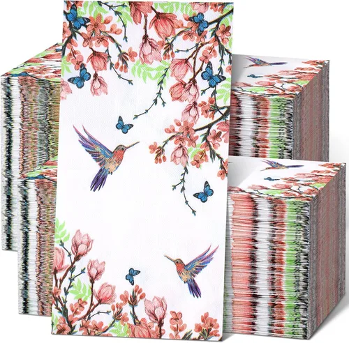 Jetec 200 unidades de toallas de mano desechables de papel con flores y pájaros para baño, toallas de papel para invitados de baño, toallas de papel