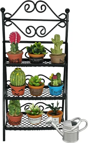 Juego de muebles para casa de muñecas (11 piezas) – Soporte de metal vintage para plantas y otros accesorios en miniatura para decoración de casa de