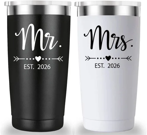 Mamihlap Mr and Mrs Est - Taza de viaje 2026. Regalos de despedida de soltera para parejas de recién casados, esposa, novia y novia. Idea de vaso de