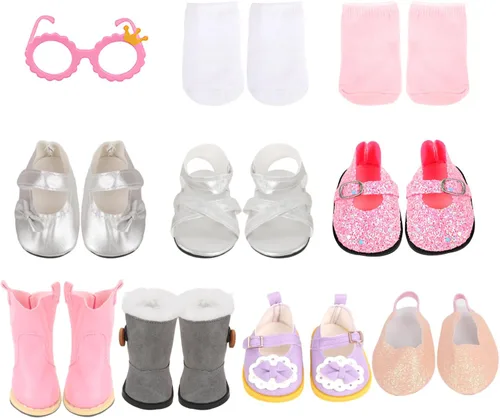MSYO Juego de 10 zapatos y accesorios de muñeca de 18 pulgadas, 6 pares de calzado de muñeca de moda + 2 pares de calcetines + 1 lentes de sol, se