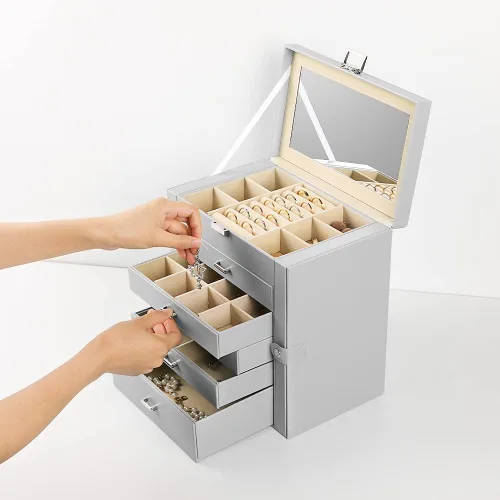 Miniatura 3 de Frebeauty Joyero grande, organizador de joyas de piel sintética de 6 niveles con cerradura, estuche de almacenamiento multifuncional con espejo