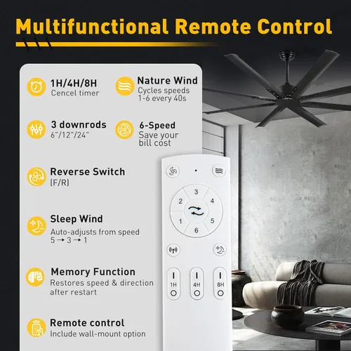 Miniatura 4 de Minislak Ventilador de techo de 72 pulgadas sin luz con control remoto, 8 aspas de aluminio, motor industrial de corriente continua, funcionamiento