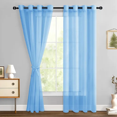 Miniatura 78 de Hiasan - Cortinas traslúcidas de gasa cortas semitransparentes con ojales y alzapaños filtrantes de luz para ventana, dormitorio, baño, 2 paneles