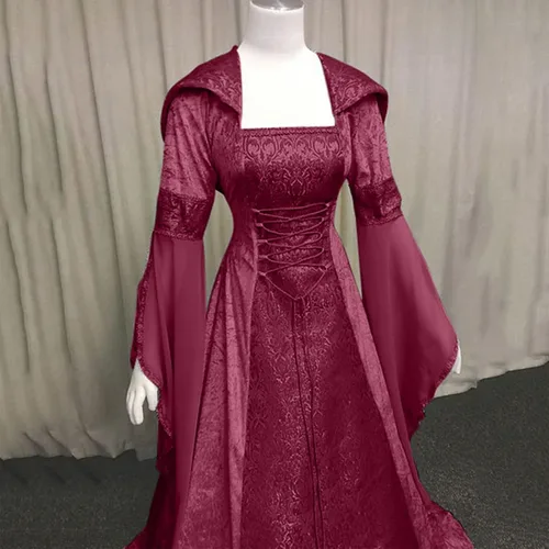 Miniatura 6 de SHOPESSA - Vestido gótico con capucha medieval, vestido renacentista, manga con volantes, estilo victoriano, con corsé, rojo