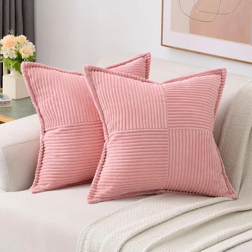 Miniatura 27 de HAUSSY Paquete de 2 fundas de almohada de 22 x 22 pulgadas, fundas decorativas de pana suave, estilo bohemio a rayas sólidas, fundas de cojín