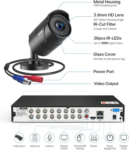 Miniatura 9 de ZOSI Sistema de cámara de seguridad 3K Lite de 16 canales con audio, detección de vehículos y humanos AI, visión nocturna, 8 cámaras con cable