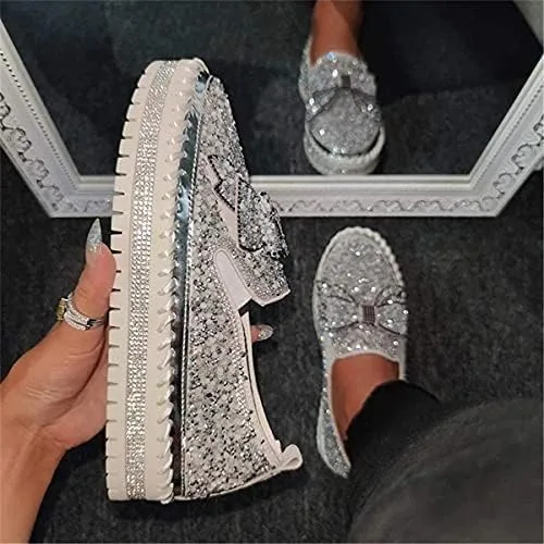 Miniatura 5 de Zapatos deportivos de plataforma con diamantes de imitación y purpurina para mujer, con bonito lazo, cómodos, mocasines planos, zapatos casuales