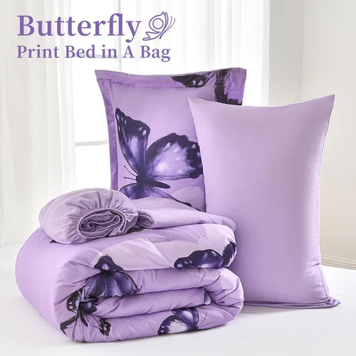 Miniatura 6 de ARTALL Bed in A Bag - Juego de edredón de 5 piezas, tamaño twin, diseño de mariposas grandes, color morado, para todas las estaciones, con edredón
