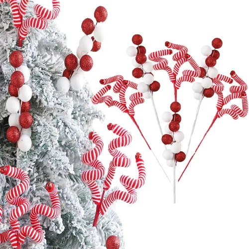 6 piezas de adornos para árbol de Navidad, varillas de lana rojas y blancas con lentejuelas y esferas colgantes para árbol de Navidad, adornos para
