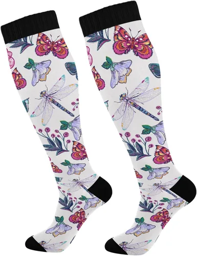 KOPIRIT Calcetines de compresión bordados de flores de peonía para mujeres y hombres, calcetines largos ligeros de compresión suaves para correr,