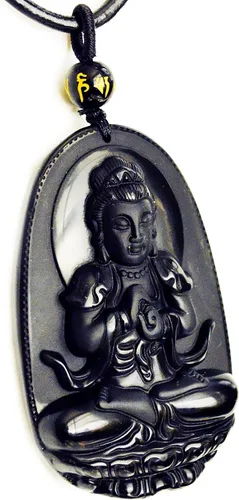 Miniatura 5 de Collar con dije de Buda. Collar con amuleto talismán Bodhisattva de Buda, de obsidiana., sin metal, 0580