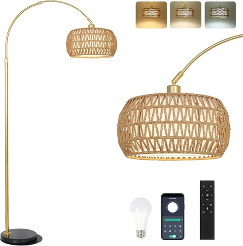 Miniatura 14 de Lámparas de pie arqueadas para sala de estar con 3 temperaturas de color, lámpara de pie negra con control remoto y bombilla LED regulable, lámpara