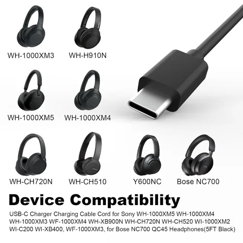 Miniatura 2 de Toxaoii Cable de carga USB C compatible con Sony WH-1000XM4 WH-1000XM3 WF-1000XM4 1000XM5 WH-XB900N WH-CH720N WH-CH520 WI-1000XM2 WI-C200 WI-XB400