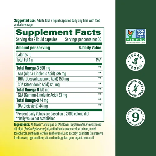Miniatura 2 de MegaFood Suplemento vegano Omega 3 6 9 sin eructos - 600 mg de Omega 3 a base de plantas y 150 mg de DHA por porción - Soporte para corazón
