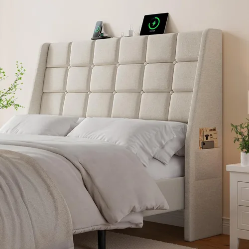 Miniatura 14 de Cabecero tapizado ergonómico tamaño queen con estación de carga, cabeceros con respaldo de orejas de lino con bolsillo de almacenamiento, solo Gris