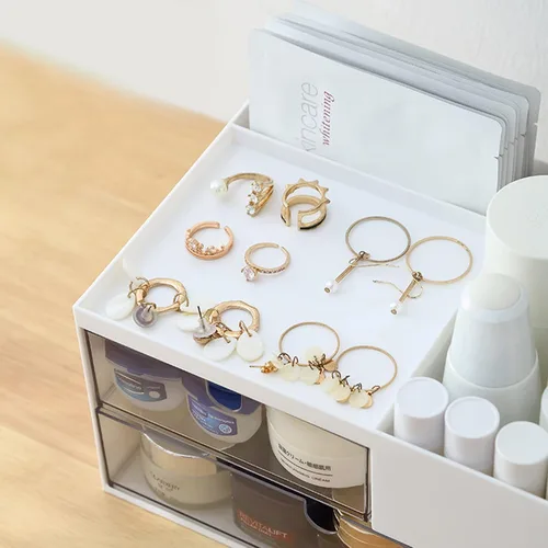 Miniatura 4 de MILULUGO Organizador de maquillaje con 2 cajones, organizador de escritorio, 4 compartimentos, caja de almacenamiento de cosméticos para esmalte