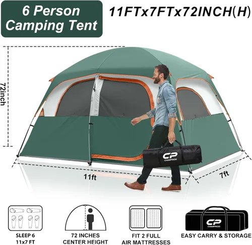 Miniatura 2 de CAMPROS CP Upgraded 6/8 Person Camping Tents, Waterproof Windproof Family Tent with Larger Mesh Windows & Door, Double Layer, Easy Set Up, Verde
