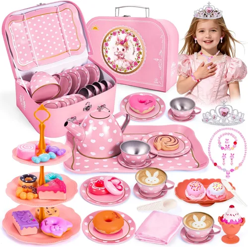 Hohosunlar Juego de fiesta de té para niñas pequeñas, juguete de princesa para niños pequeños, juego de té de lata que incluye tazas de té, tetera,
