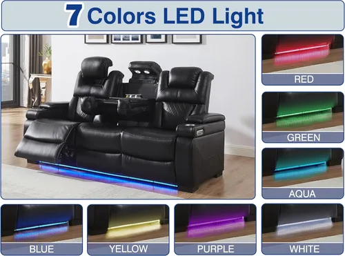 Miniatura 6 de THSUPER Sofá reclinable de cuero transpirable con luz LED de 7 colores, sillón reclinable para sala de estar con reposacabezas ajustable, luz