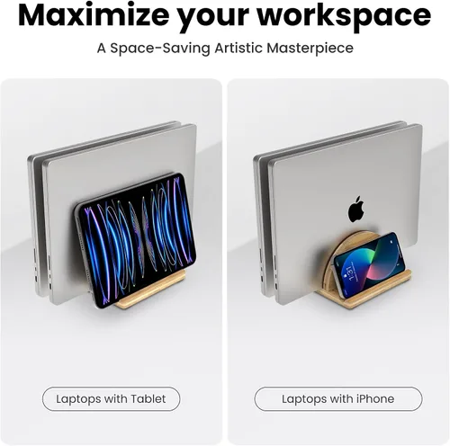 Miniatura 7 de Kothar Soporte vertical de madera prémium para laptop, soporte de bambú ajustable de doble ranura para MacBook, Dell, HP y más Organizador