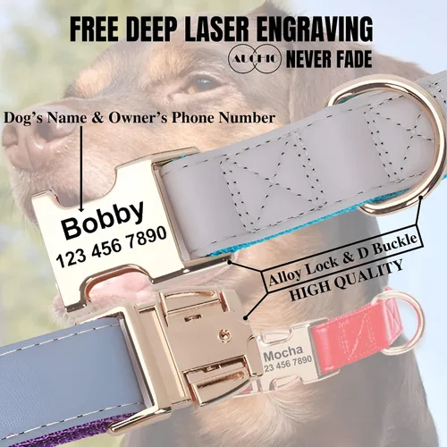 Miniatura 2 de Custom Large Dog Collar Solid Color Personalized Pet Collar Leather & Nylon Puppy Dogs ID Collars Engraved Name for Small Medium Large Dog
