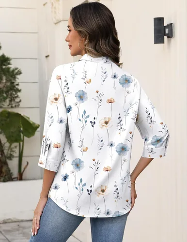 Miniatura 5 de Zeagoo Camisas con botones para mujer, manga 3/4, cuello en V, blusas con cuello en V, trajes casuales de negocios