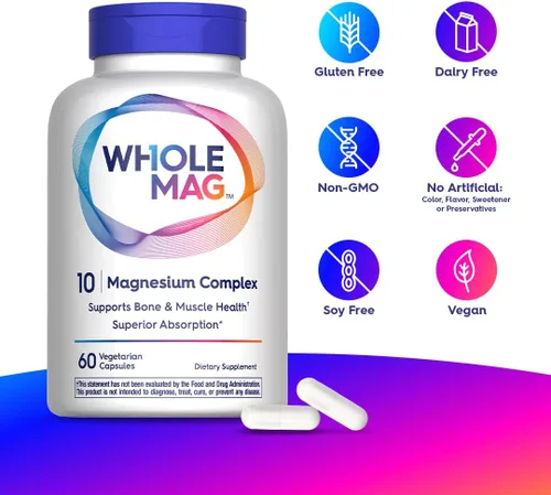 Miniatura 4 de WholeMag Complejo de suplementos de magnesio 60 cápsulas vegetarianas Apoya la salud muscular, ósea y nerviosa* Fórmula 10 en 1