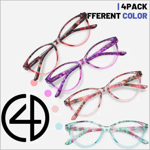 Miniatura 4 de Przene Paquete de 4 lentes de lectura con bloqueo de luz azul, lectores para mujeres y hombres con bisagra de resorte Floral Rojo/Púrpura/Rosa/Azul